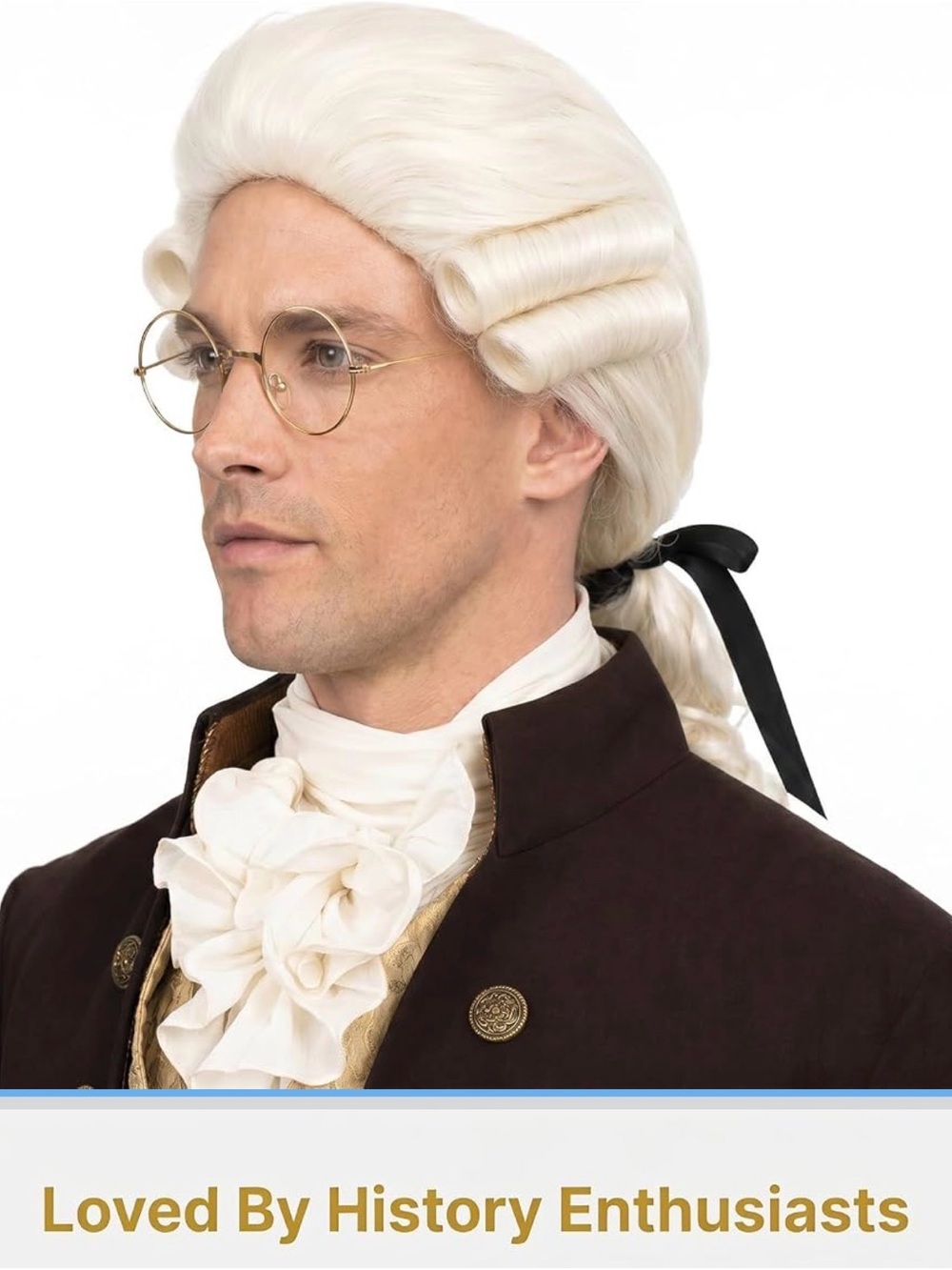 NWT Bettecos Mens Judge Colonial Wig with Glasses Long Blonde Powdered Wavy Wig